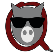 Gray pig wearing sunglasses, inside a red letter