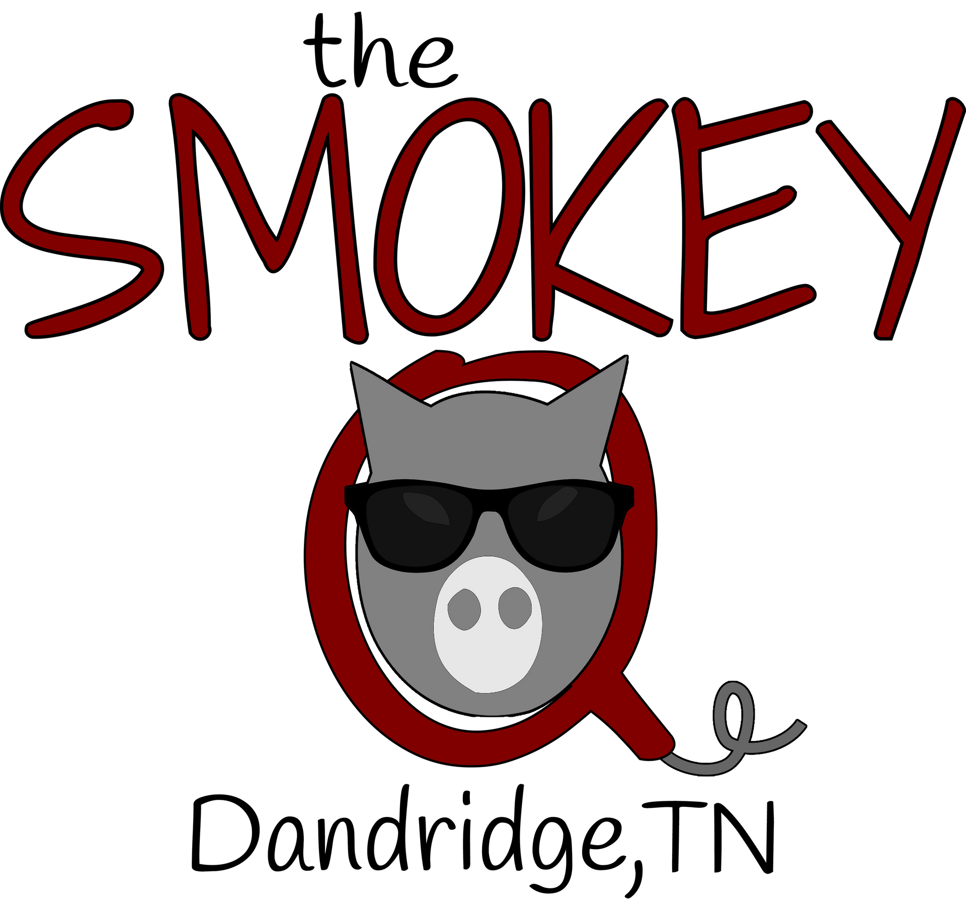 A logo for the smokey dandridge tn with a pig wearing sunglasses.