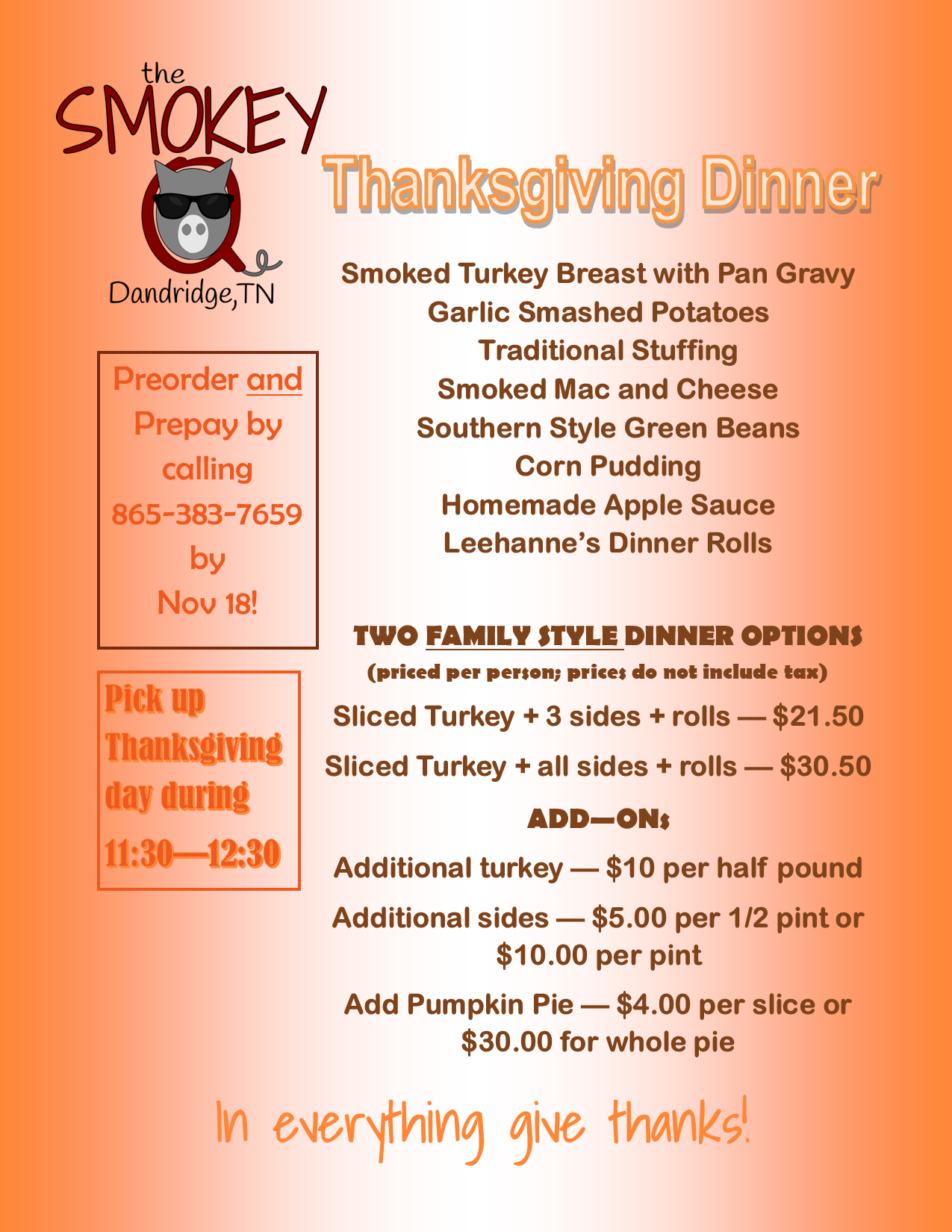 Thanksgiving dinner menu from Smokey's BBQ with pre-order information, family-style options, and add-ons.
