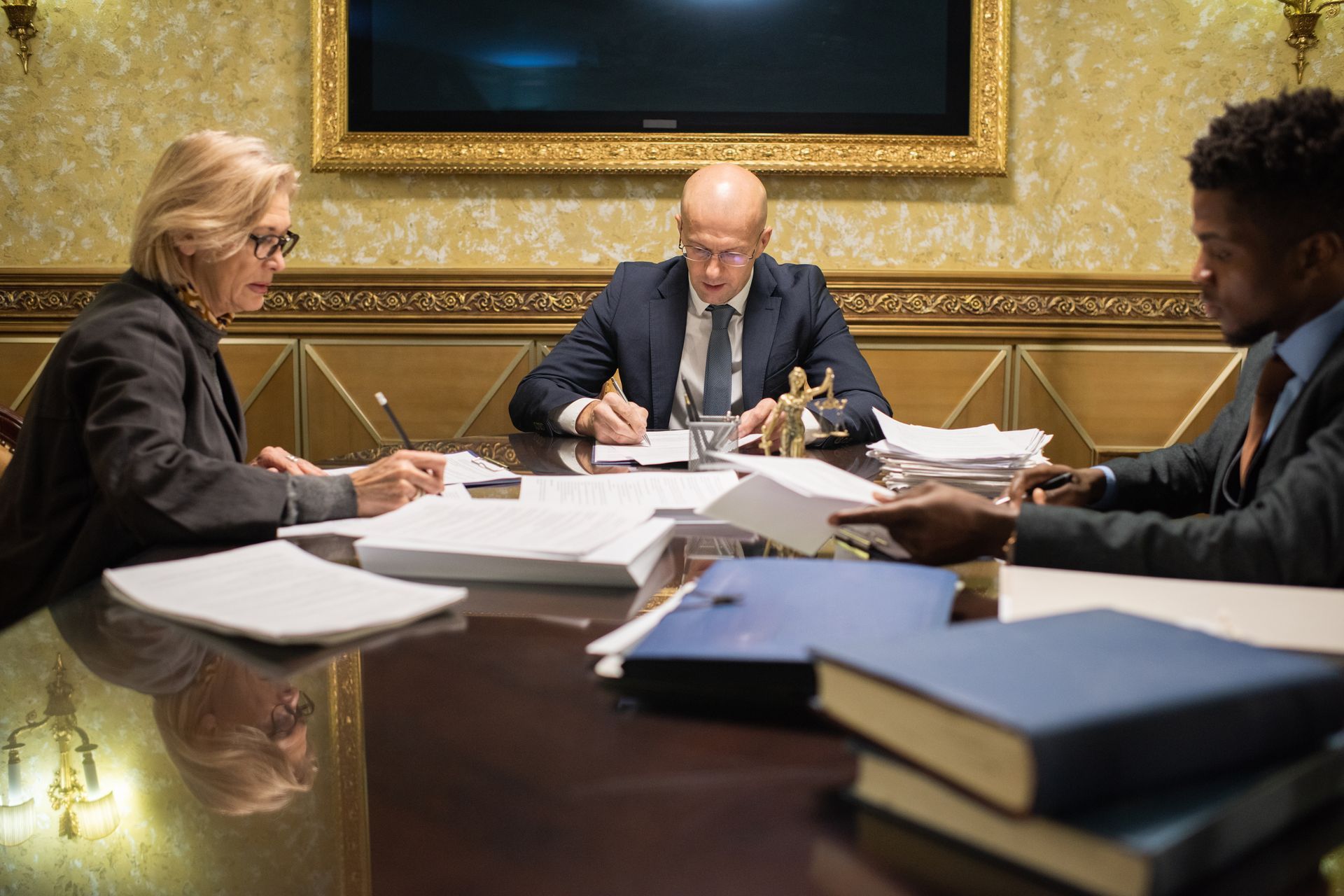 Three people in suits at a table reviewing documents in a formal office setting.