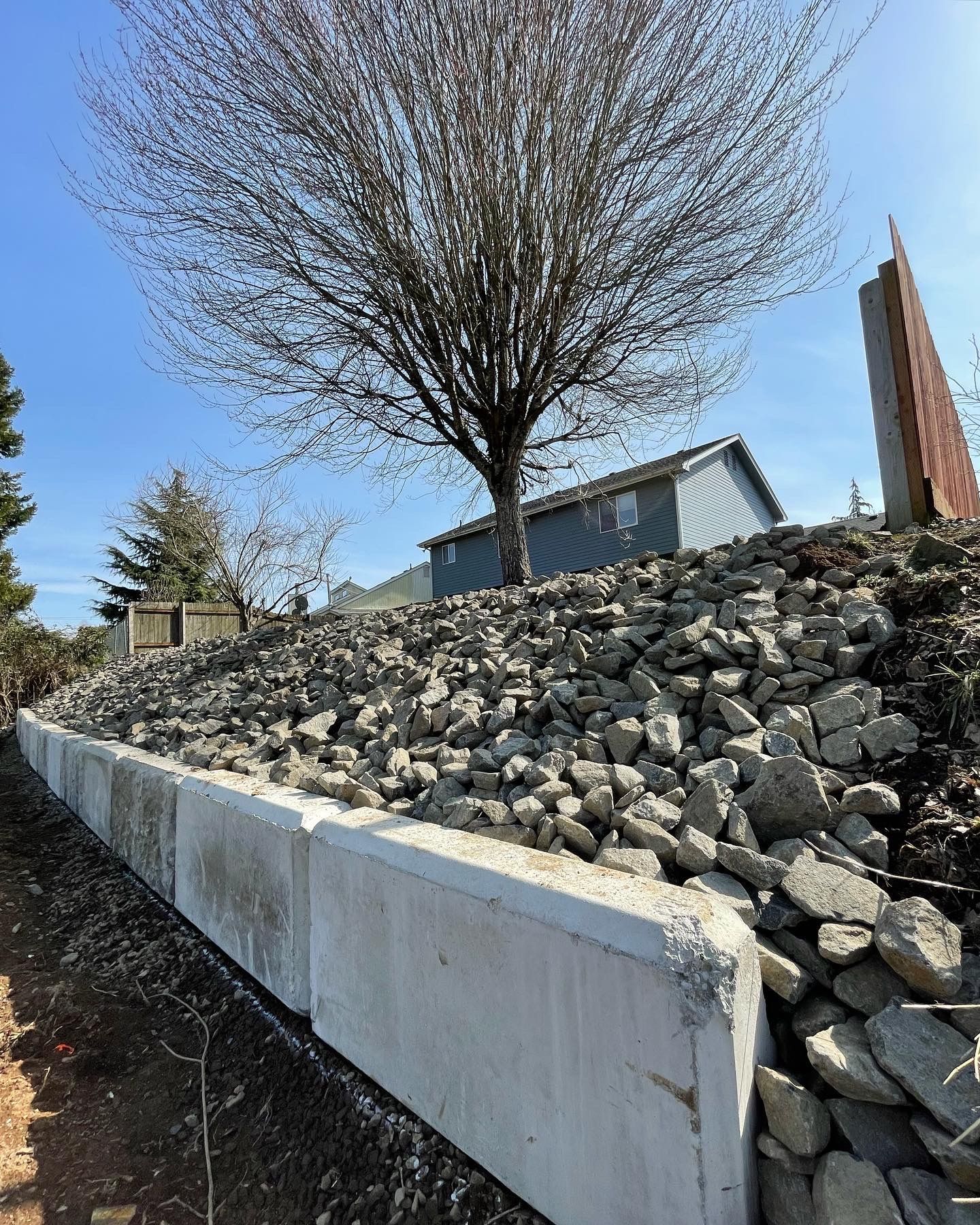 A concrete retaining wall supports a rocky hillside with a leafless tree and a blue shed in the background.