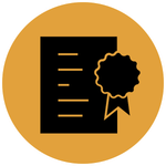 a black and gold icon of a certificate with a ribbon .