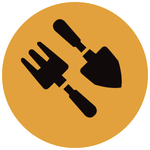 a shovel and fork are silhouetted against a yellow background .