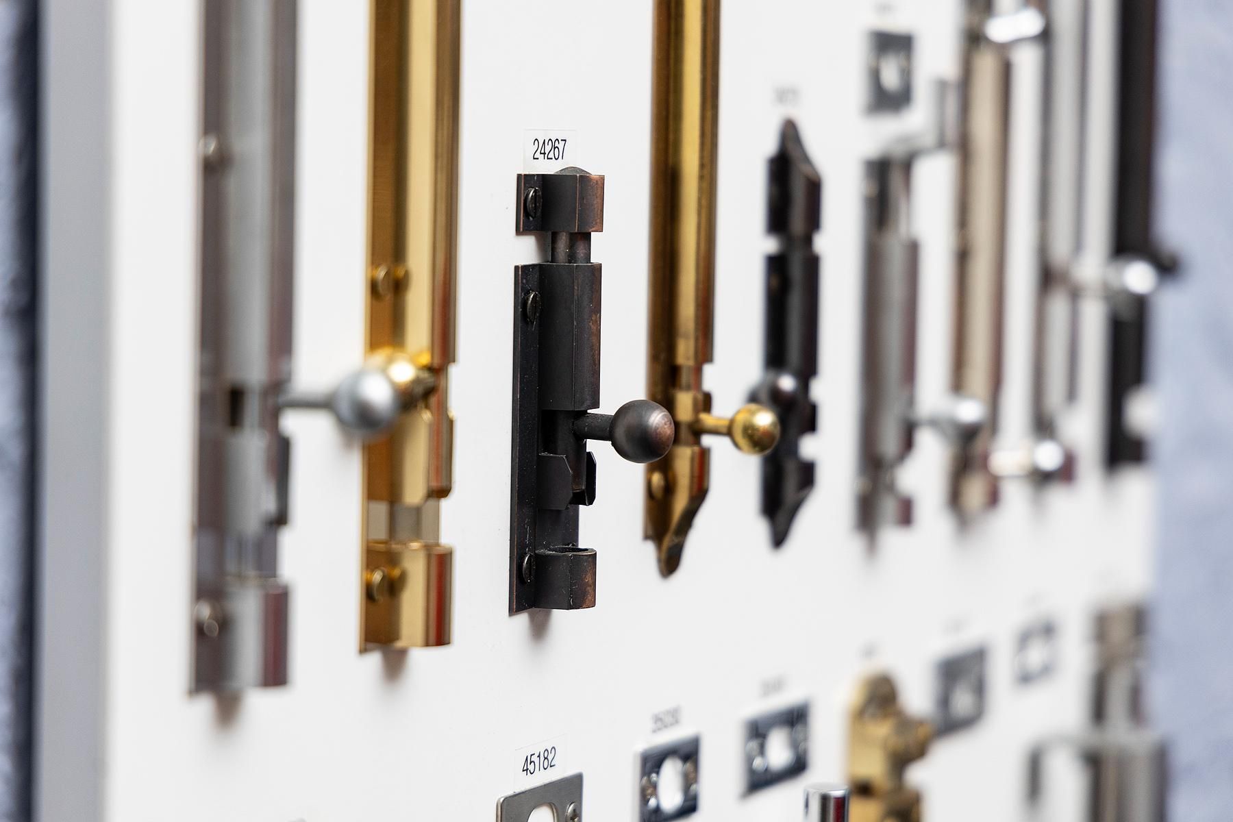 Display of Various Door Bolts in Silver, Gold, and Black Finishes — Active 24/7 Locksmith and Security Services in Forster, NSW