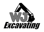 Black and white logo for WJ Excavating, featuring the text