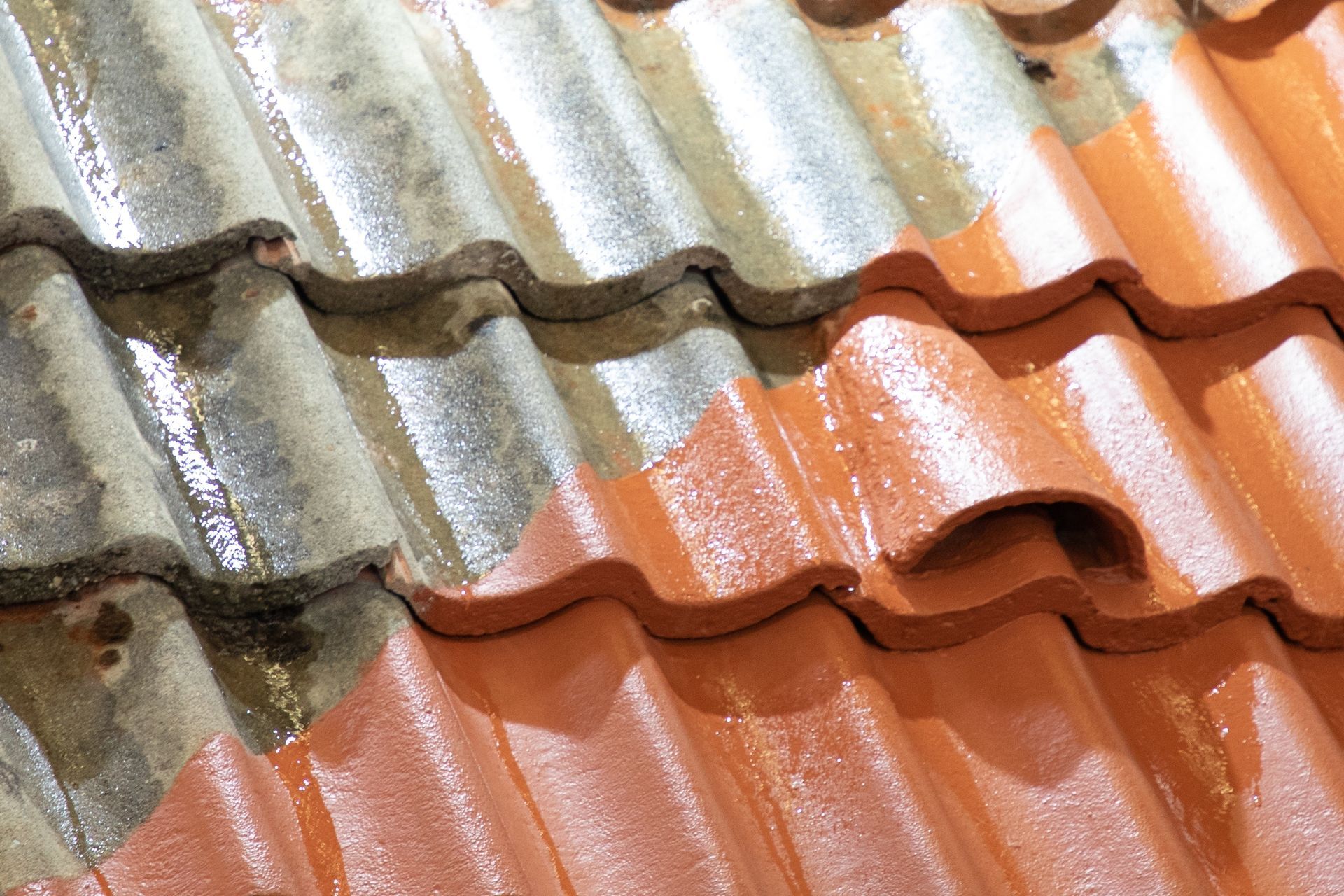 A close up of a tiled roof with a dirty tile and a clean tile.