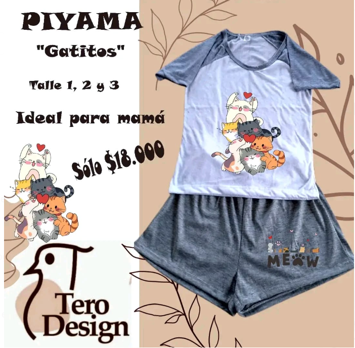 Pijama gris y blanco con estampado de gato para mujer, con shorts. Texto: 
