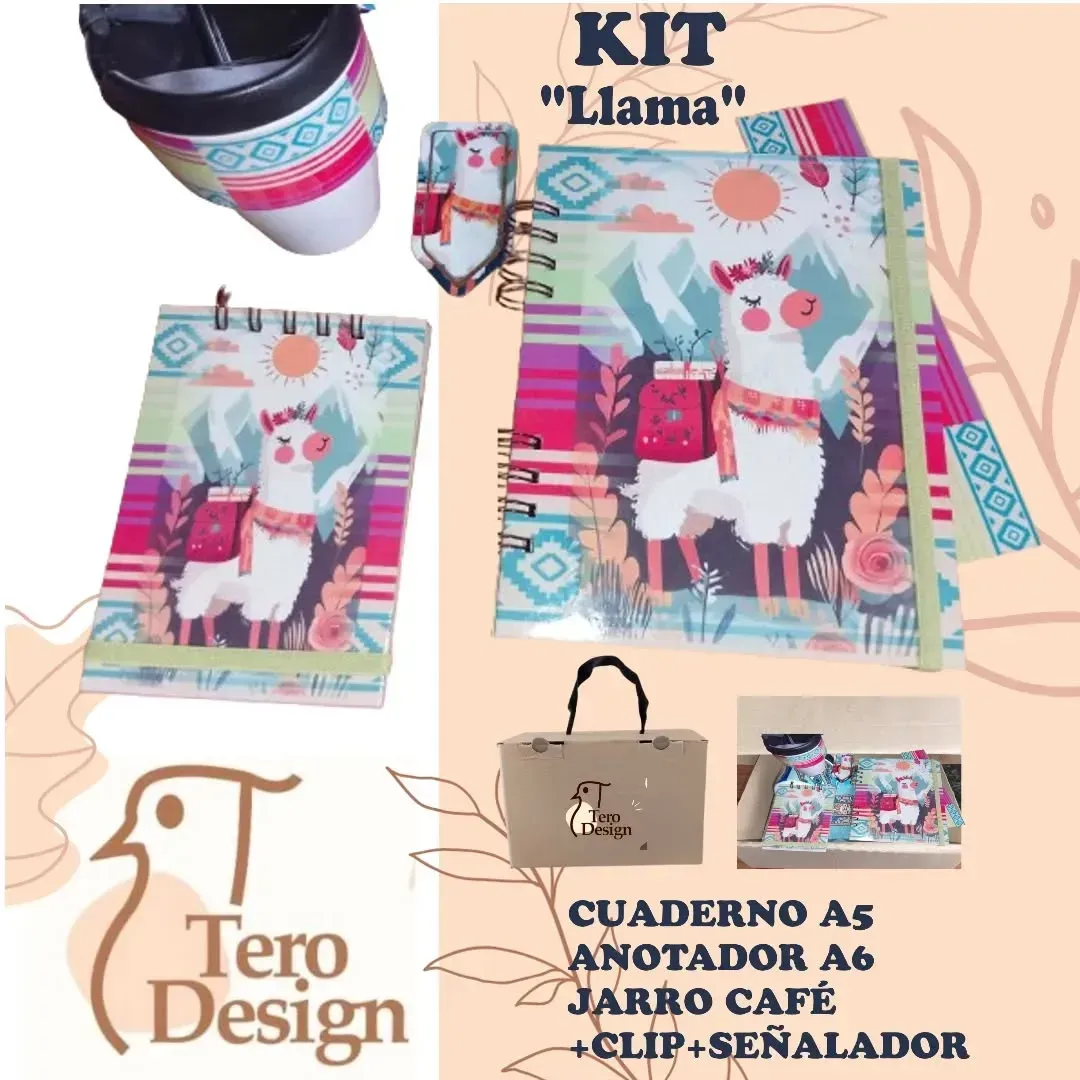 Kit de papelería con temática de llama de Tero Design, que incluye cuadernos, taza de café y clip, con diseño de llama.