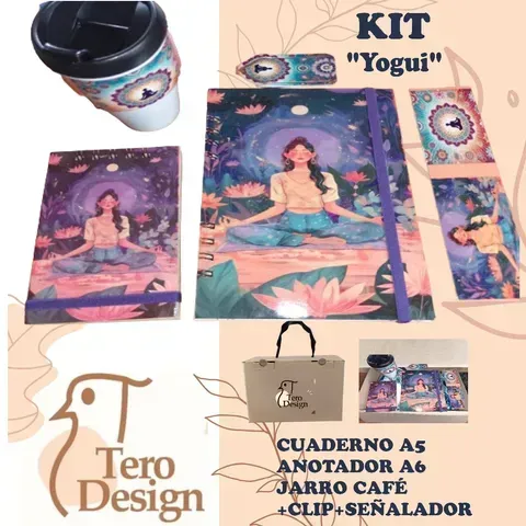 Kit “Yogui”: libreta, bloc de notas A6, taza de café, clip, marcapáginas y bolso de mano.