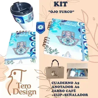Kit con diseño de ojo turco. Incluye libreta, taza y accesorios. Colores azul y blanco.