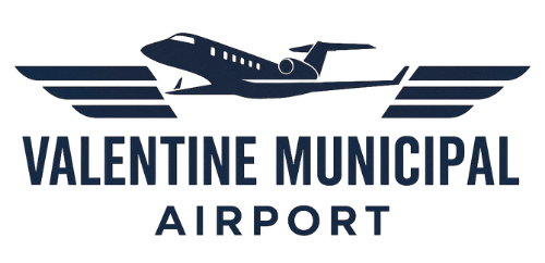 Logo for Valentine Municipal Airport with plane and stylized wings.