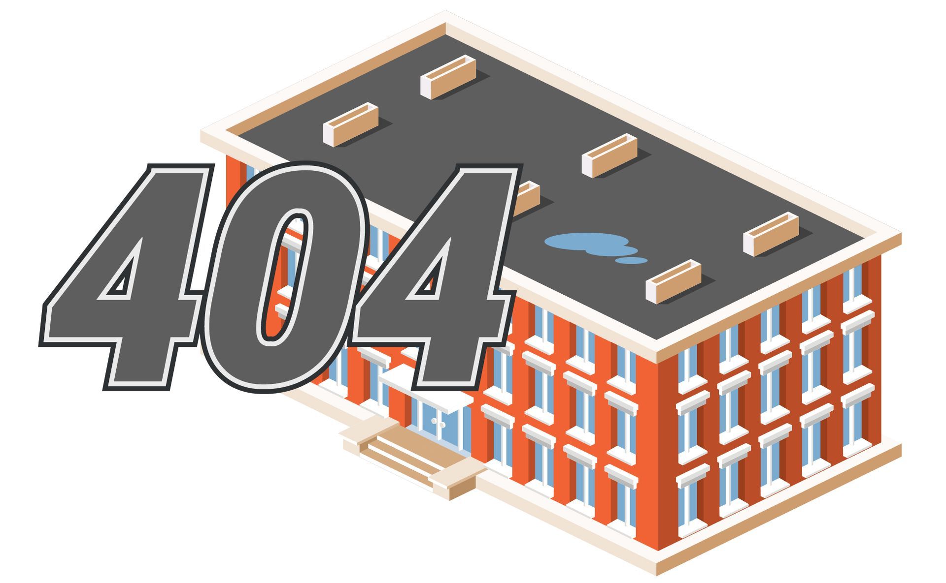 404 error message superimposed on illustration of a brick building.