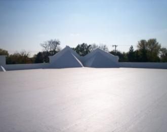 White flat roof with two white, pyramid-shaped structures against a blue sky, trees in the background.