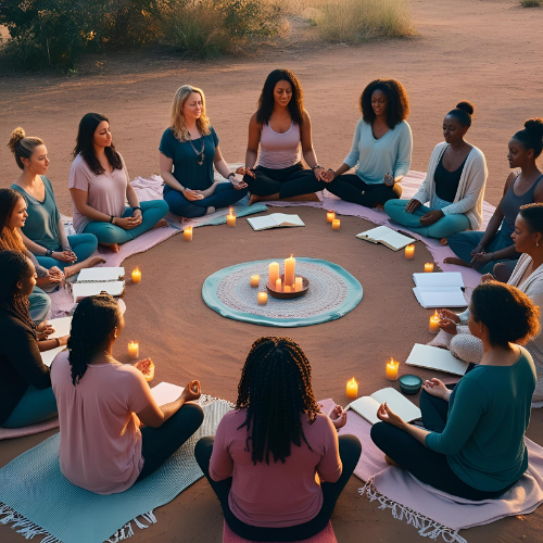 A diverse group of women meditating in a circle outdoors at sunset. Candles and blankets are visible.