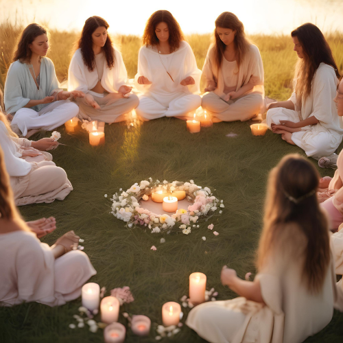 A group of women in white robes meditate in a circle outdoors, lit by candles and surrounded by flowers.