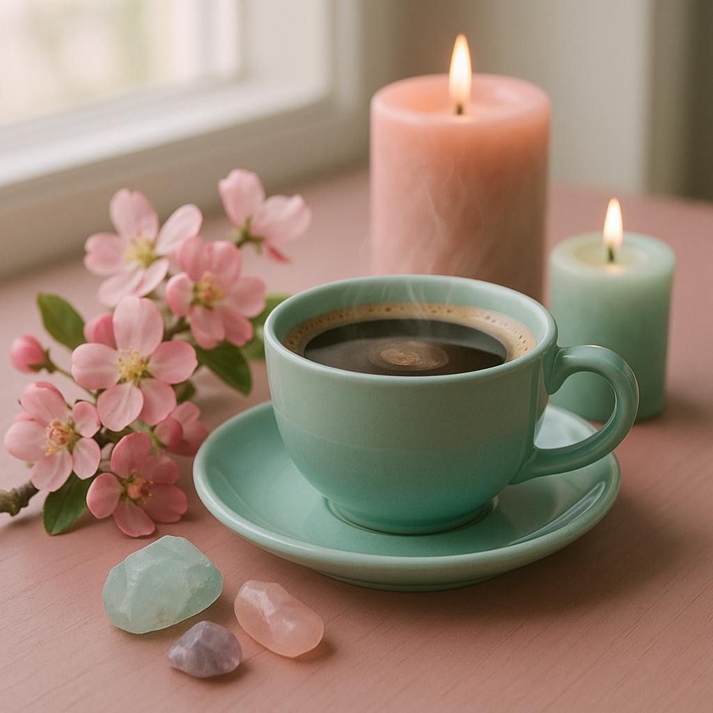 Cup of coffee on saucer, with candles, flowers, and crystals.