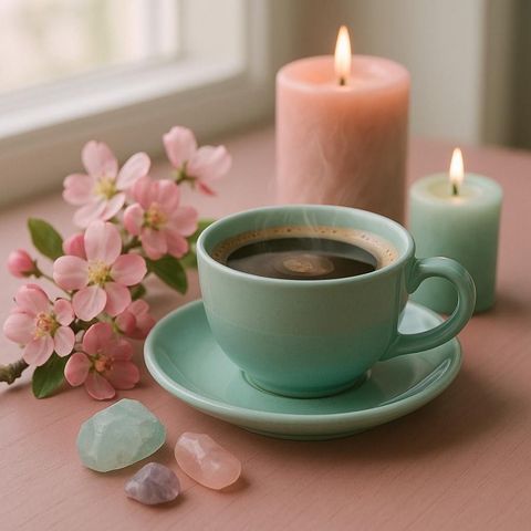 Cup of coffee on saucer, with candles, flowers, and crystals.