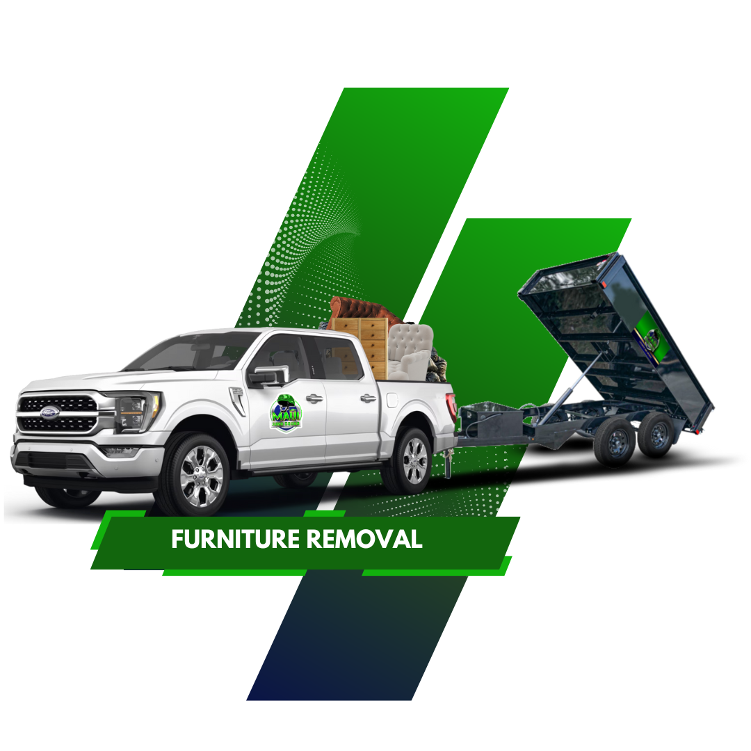 White pickup truck with 'Maui Junk Squad' logo towing a black, raised dumpster trailer, green and blue geometric shapes.