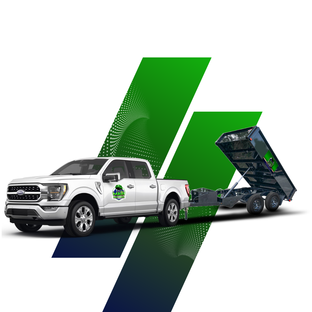White pickup truck with 'Maui Junk Squad' logo towing a black, raised dumpster trailer, green and blue geometric shapes.
