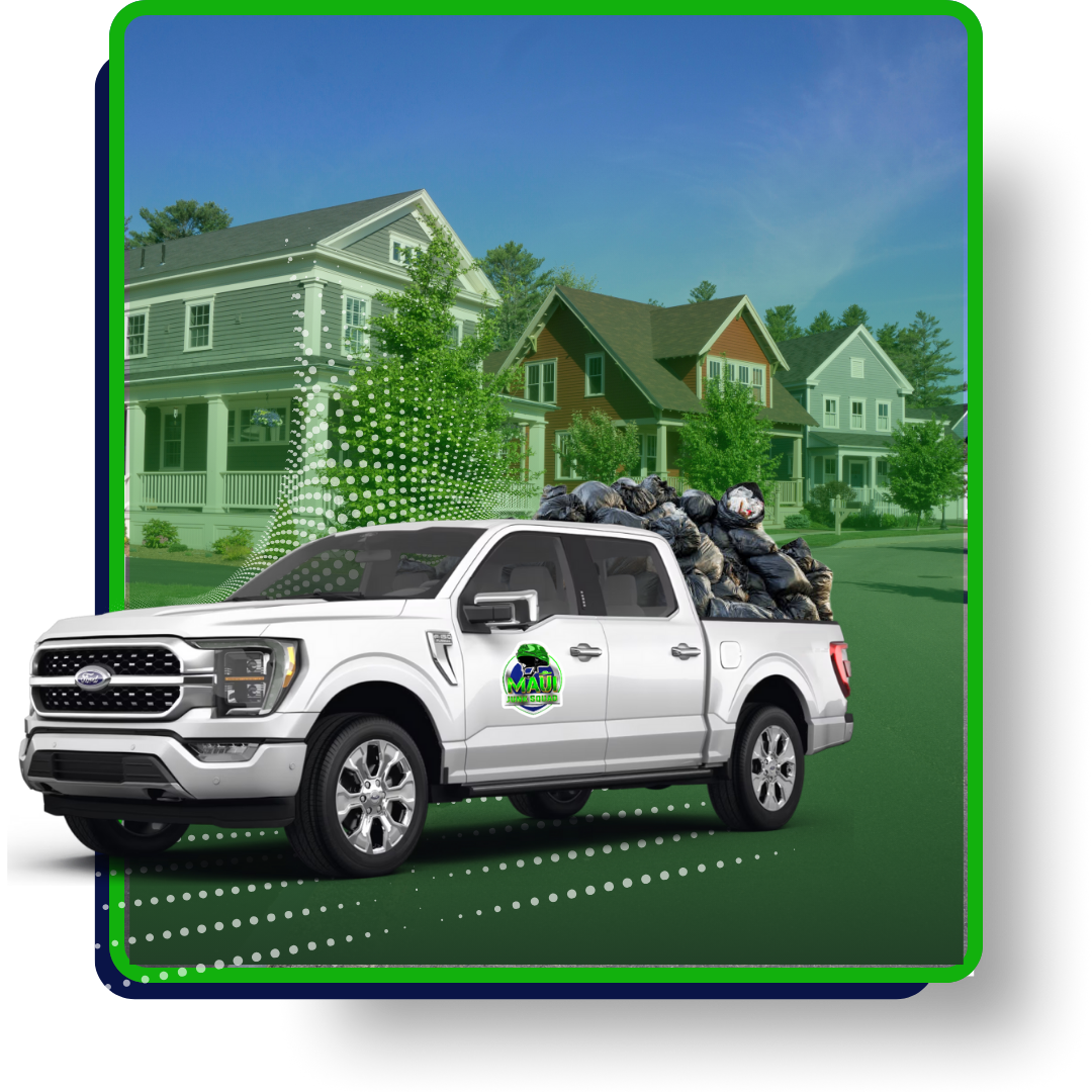 White pickup truck with logo loaded with black garbage bags, with background of houses, green and blue dotted patterns.