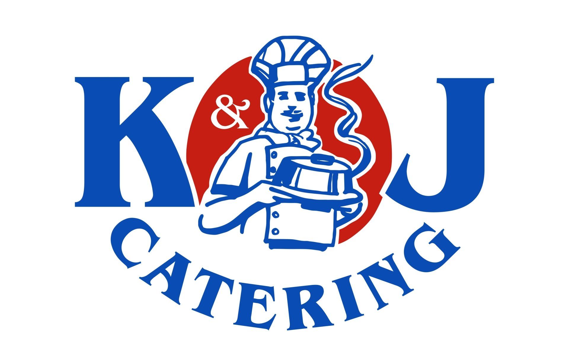 A blue and red logo for k & j catering