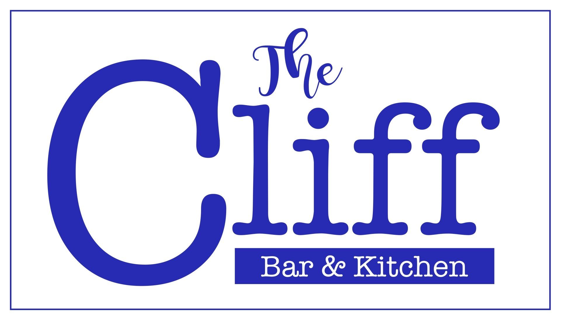 A blue and white logo for the cliff bar and kitchen