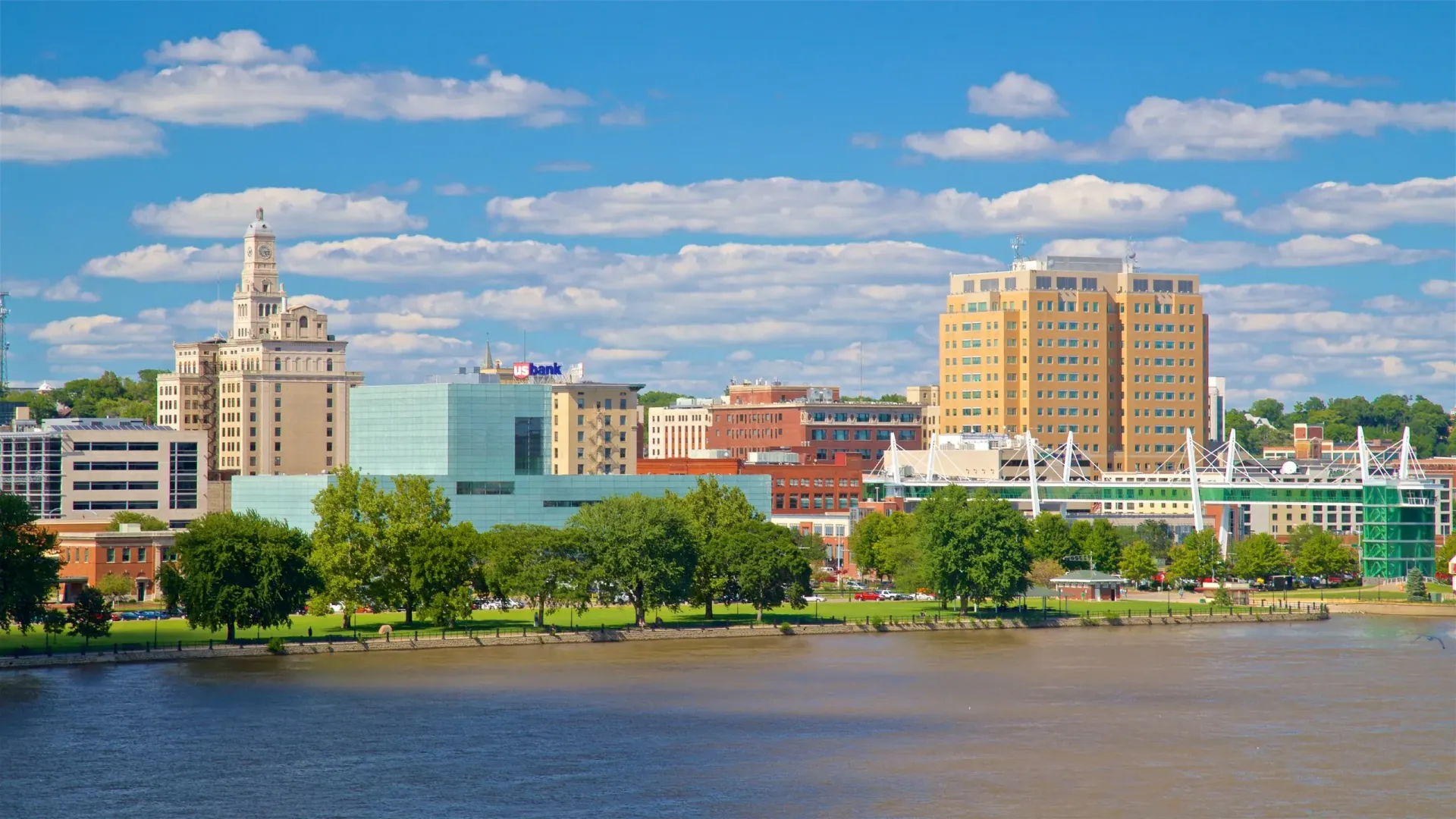 Scenic view of downtown Davenport, Iowa, featuring a mix of historic and modern buildings
