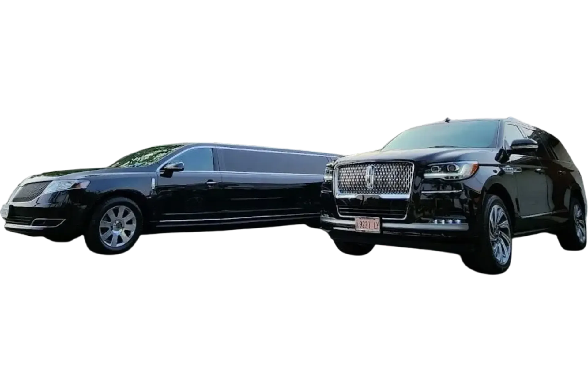 Black limousine and SUV side-by-side, likely transportation vehicles, against a white background.