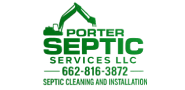 Green logo for Porter Septic Services LLC with an excavator, phone number, and service description.