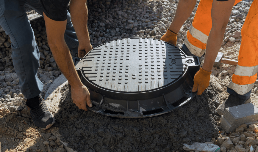 Two workers install a manhole cover on a gravel surface, wearing work gloves and orange safety pants.
