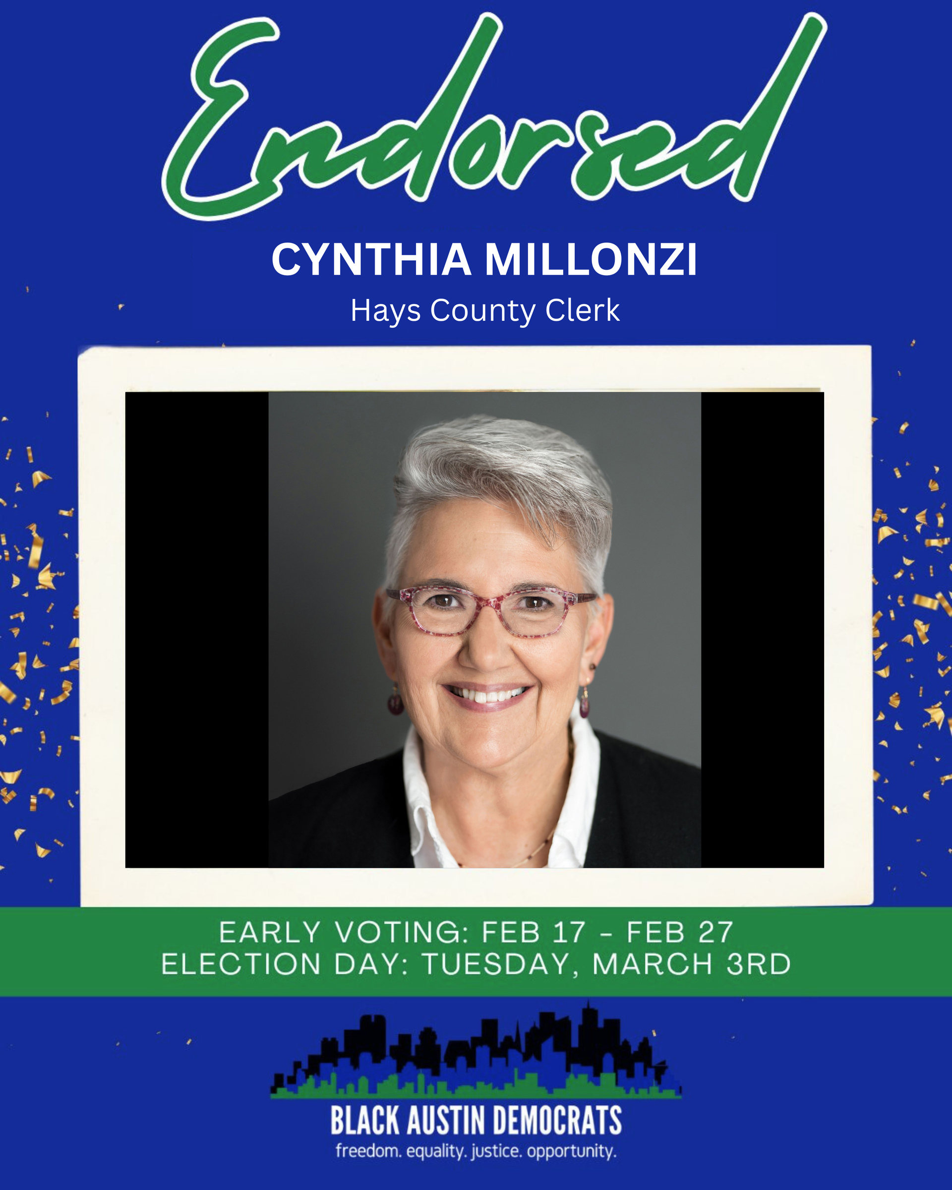 Poster: Endorsement for Cynthia Millonzi for Hays County Clerk. Features a portrait, text, and Black Austin Democrats logo.