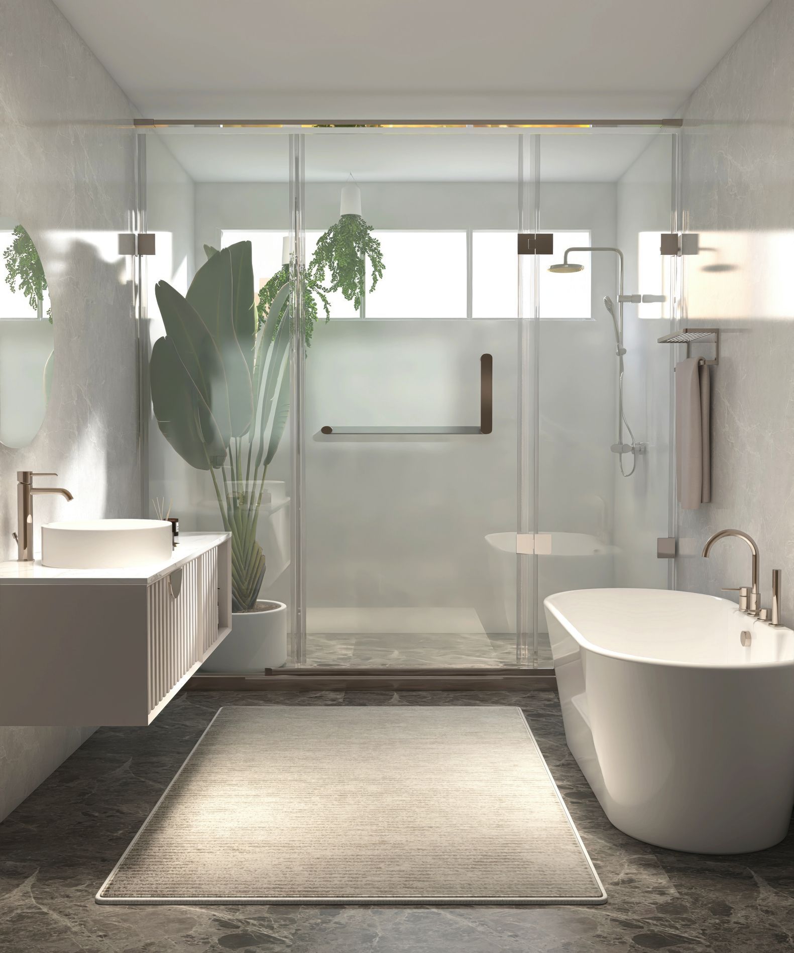 A bathroom interior with a vanity and a shower enclosure, showcasing residential glass services. A bathroom interior with a vanity and a shower enclosure, showcasing residential glass services.