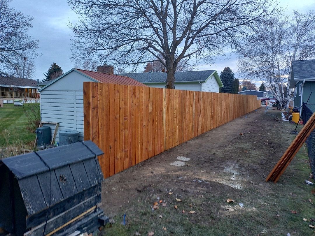 Wooden fence in a yard, extending from left to right. Houses and bare trees are in the background.