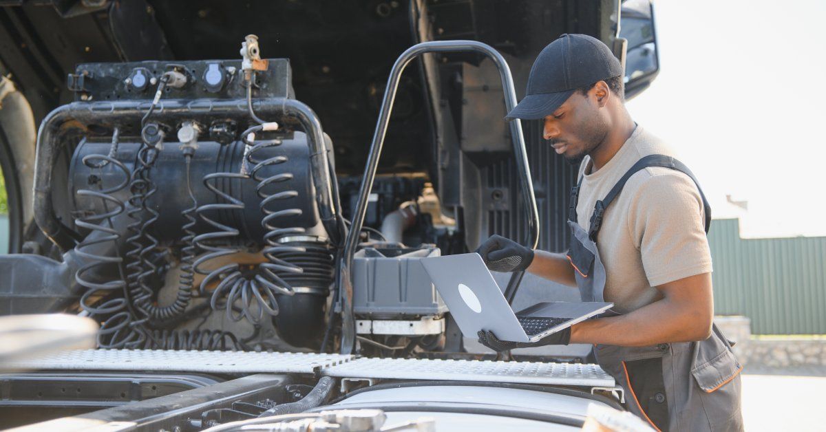 A serviceman in a gray t-shirt, cap, and overalls, looking into the open engine of a semi-truck.