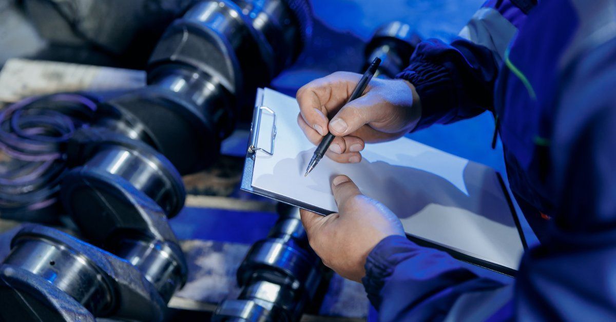 A worker's hands using a pen to write on the blank pages clipped onto a clipboard. He is standing in front of an engine.