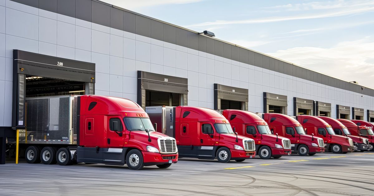 A long row of about eight semi-trucks with a classic red cabin are parked in their respective concrete garages.