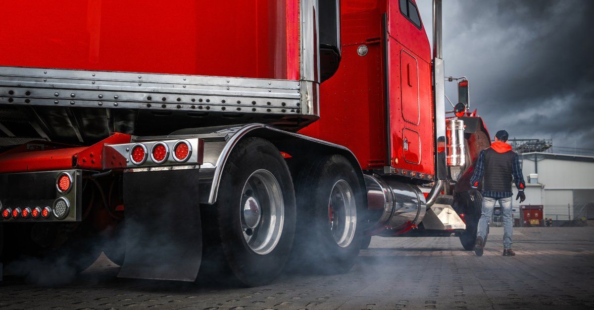 A trucker walking up to the cab of his bright red semitruck in a parking lot under a stormy sky.