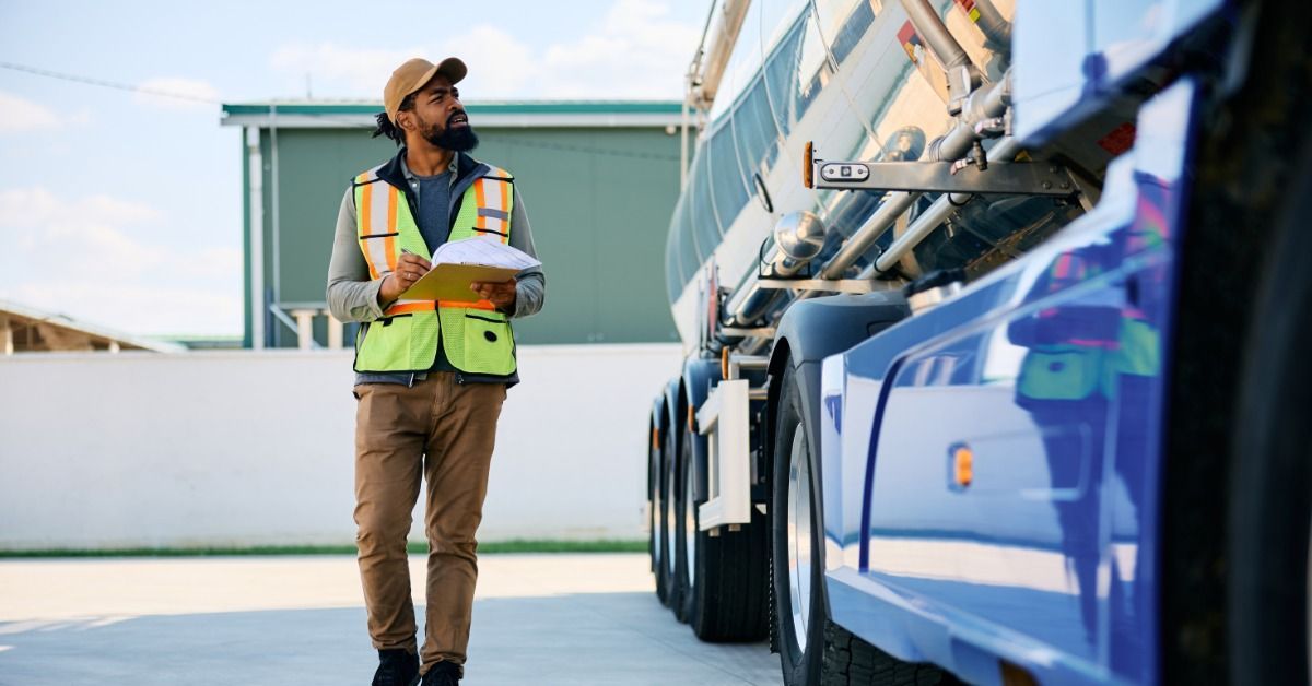 A worker in a safety vest walks beside a blue tanker truck, holding a clipboard.