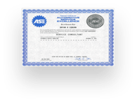 ASE Automotive Service Consultant Certification. Blue and white, with seals and official text.