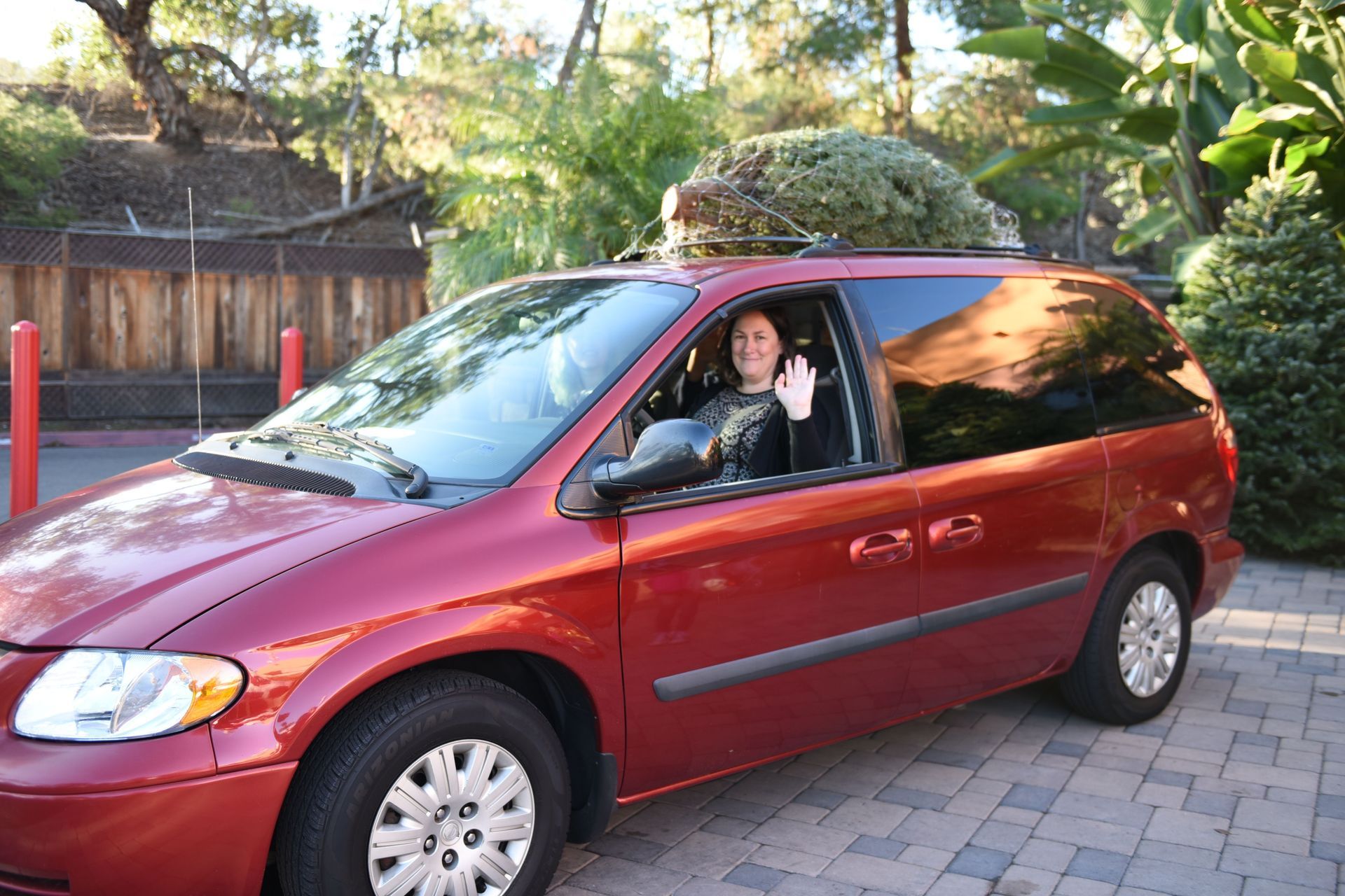 Red minivan with a Christmas tree on top, a person inside waving, parked outside.