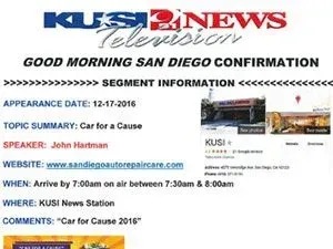 Confirmation for John Hartman on KUSI News. Topic: 