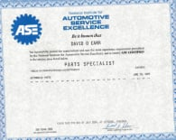 ASE Parts Specialist certificate. Blue and white with logo and name David O. Carr. Issued June 18, 1997.