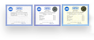 Three framed certificates with blue borders and logos, side by side on a white surface.