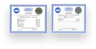 Two ASE certifications, one for Master Automobile Technician, the other for General Specialist. Blue border, official seals.