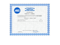 ASE Service Consultant certification in blue with a decorative border.