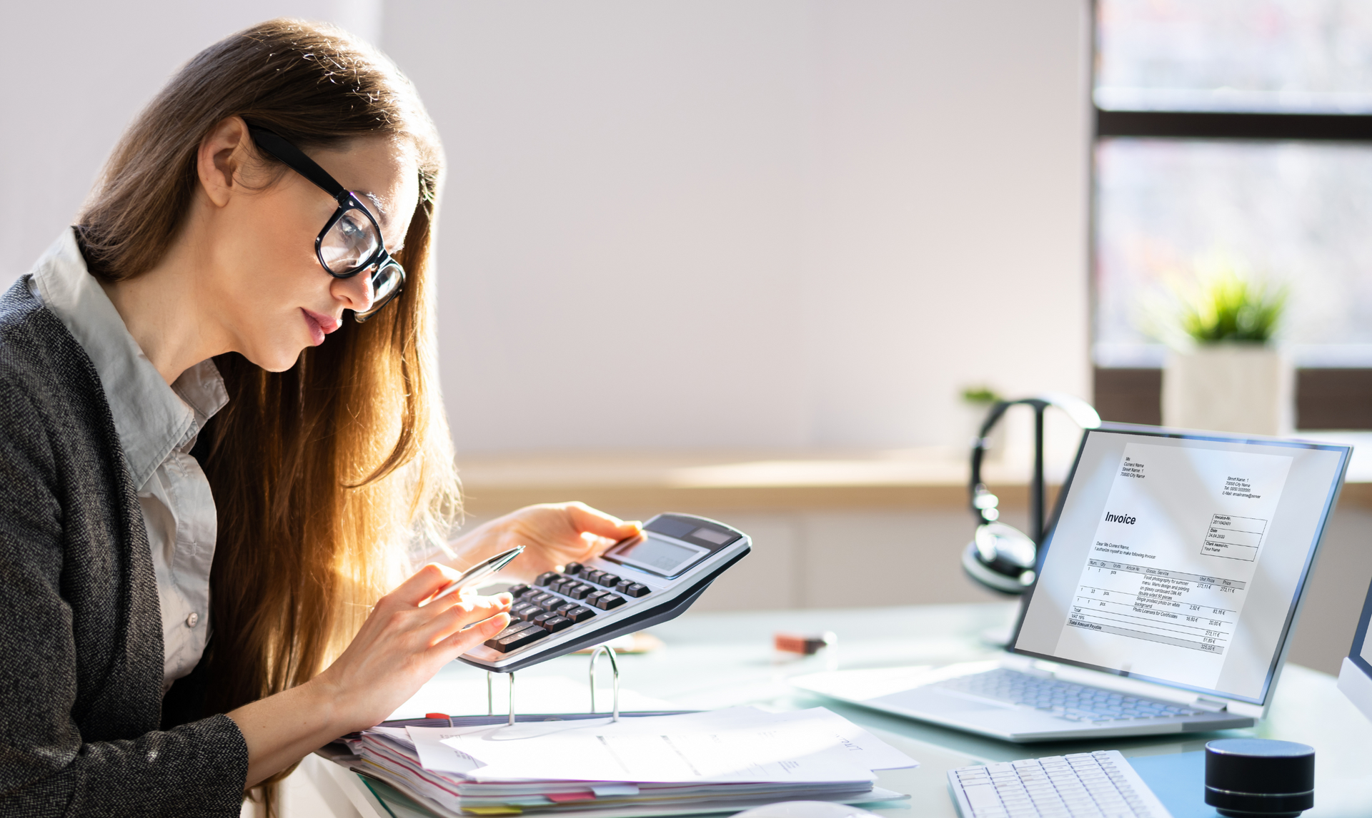 Woman with glasses using a calculator, looking at a laptop with financial data on the screen. Office setting. Woman with glasses using a calculator, looking at a laptop with financial data on the screen. Office setting.
