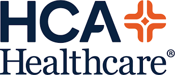 The logo for hca healthcare is blue and orange with a cross in the middle.