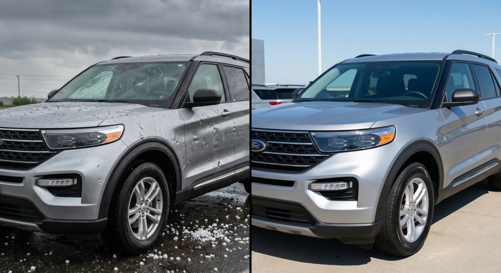 Side-by-side comparison of an SUV with hail damage before paintless dent repair and restored conditi