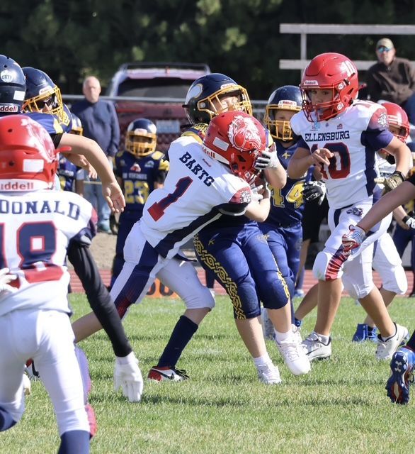 Football players in action on a grassy field; one runs with the ball, pursued by two opponents.