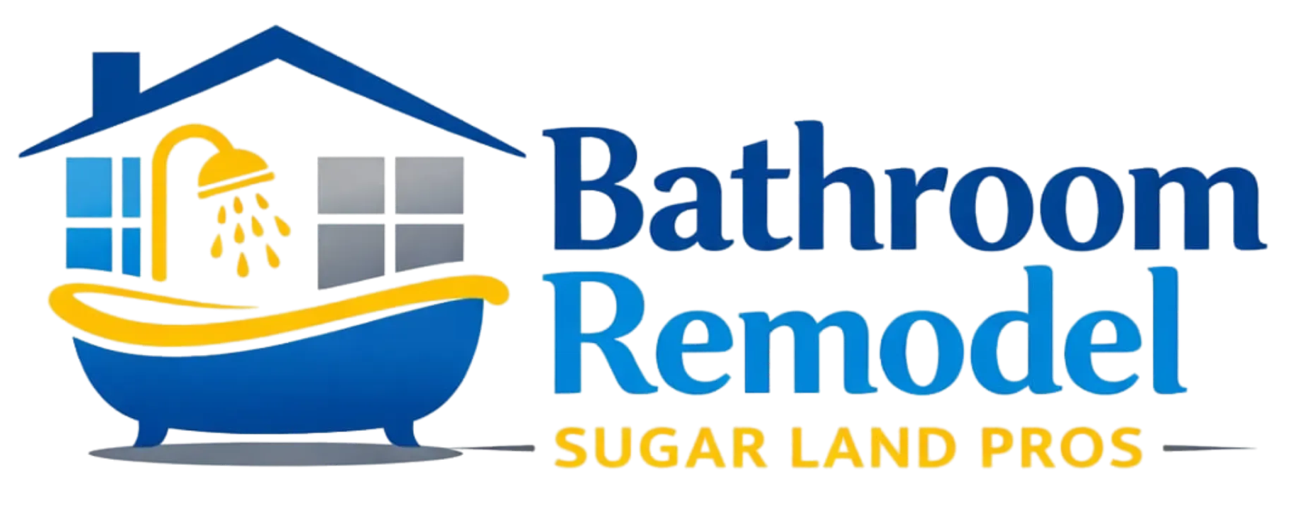 Logo with a blue bathtub, shower, and house icon. The text says